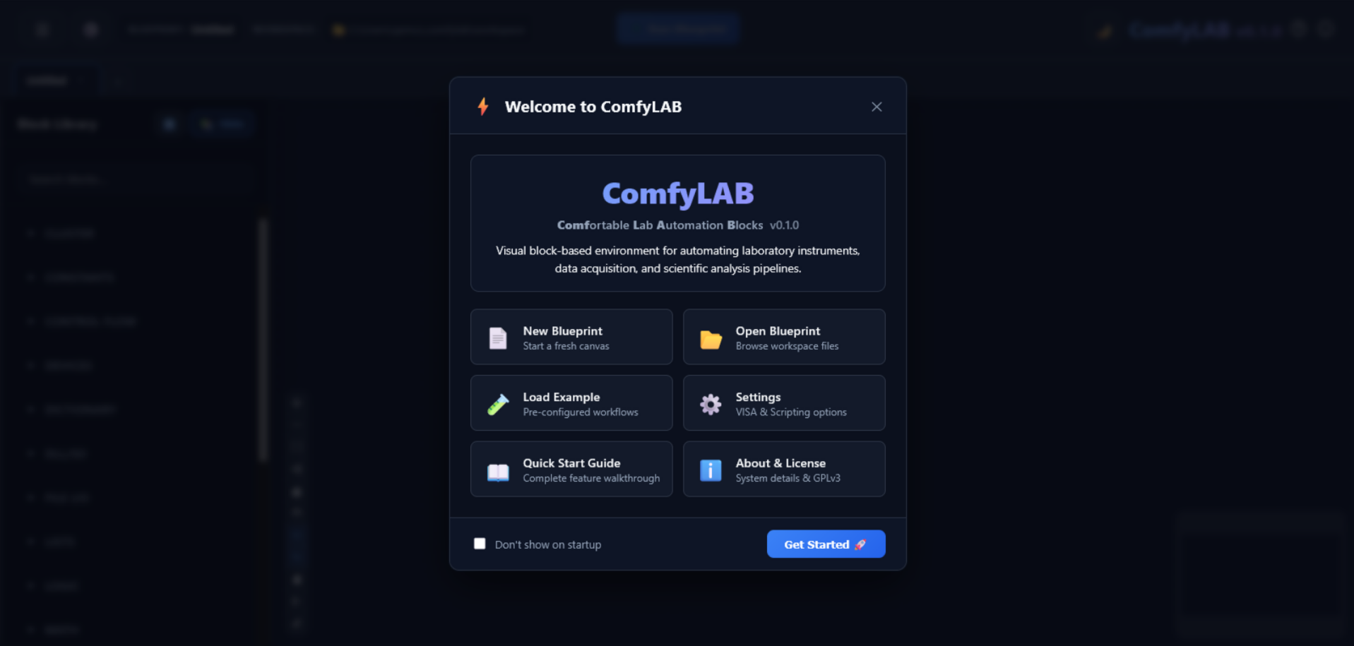 ComfyLAB Visual Workspace showing instrument nodes, real-time plots, and dataflow connections